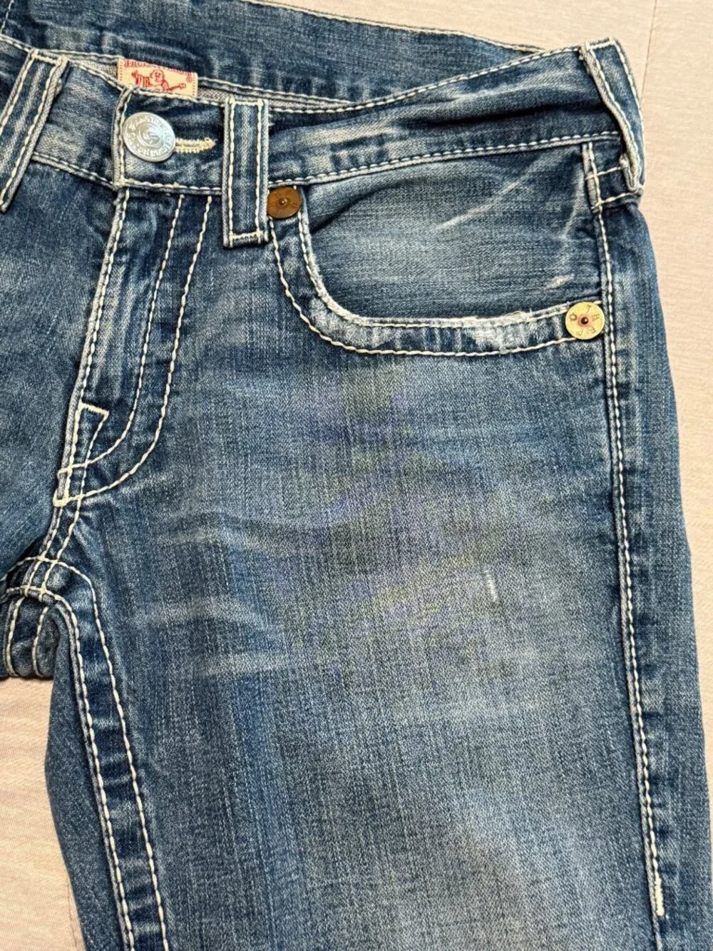 True Religion Mens Distressed Blue Denim Jeans Size 34 Section Joey Big T RN#112
